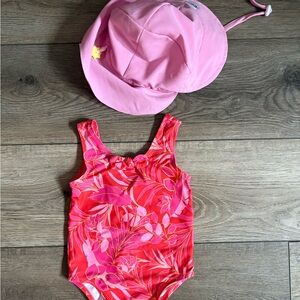 🌸 Baby Girl Swimsuit + Sun Hat Set – 0–6 Months Pink Tropical 🌸